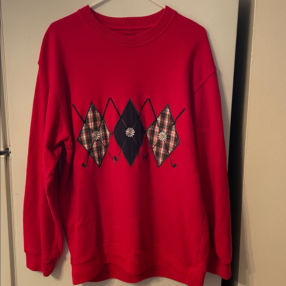 Escada Sport Women’s Large Red Sweater Golf Daisy Patterned Vintage Oversized